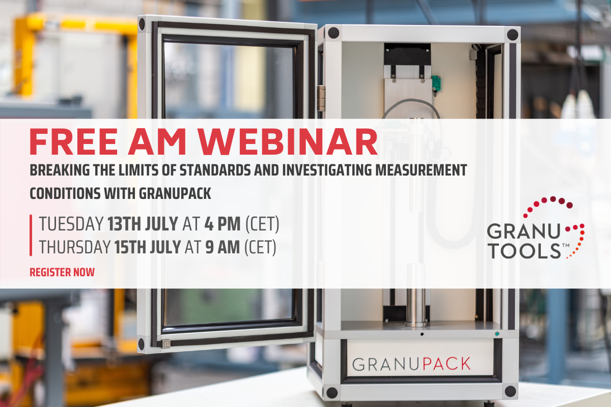 banner of the next am webinar focusing on Breaking the limits of standards and investigating measurement conditions with GranuPack